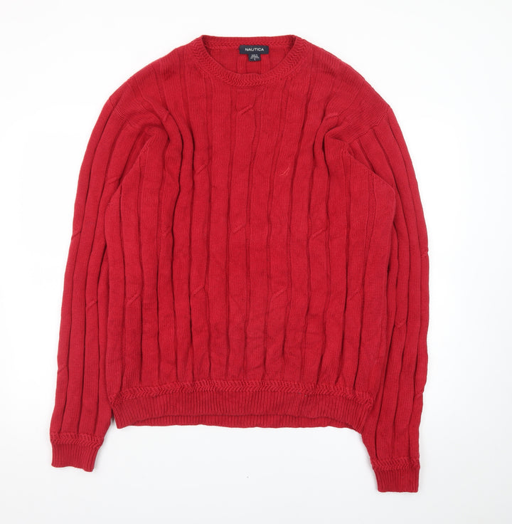 Nautica Men's Red Cotton Cable-Knit Crew Neck Jumper Size L