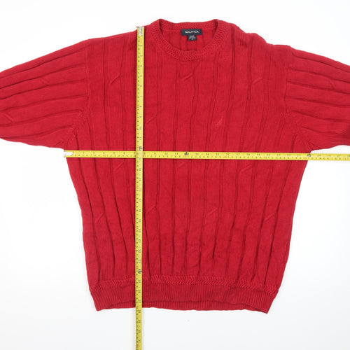 Nautica Men's Red Cotton Cable-Knit Crew Neck Jumper Size L