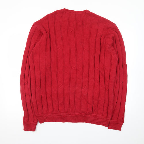 Nautica Men's Red Cotton Cable-Knit Crew Neck Jumper Size L