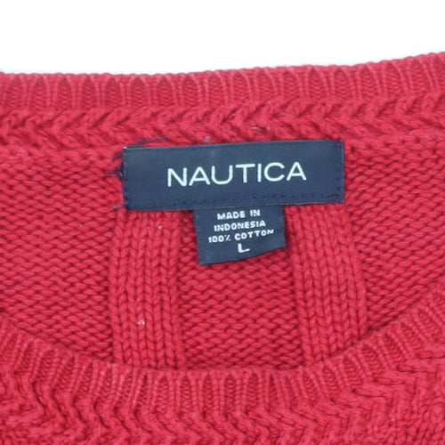 Nautica Men's Red Cotton Cable-Knit Crew Neck Jumper Size L