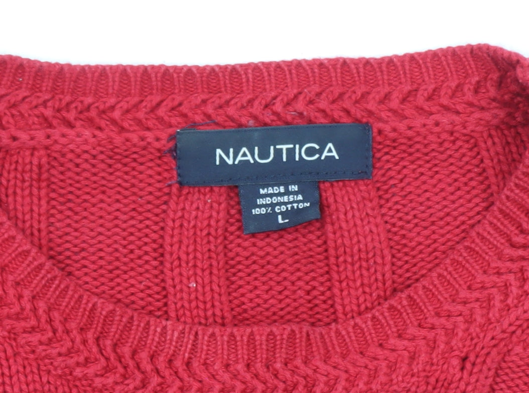 Nautica Men's Red Cotton Cable-Knit Crew Neck Jumper Size L