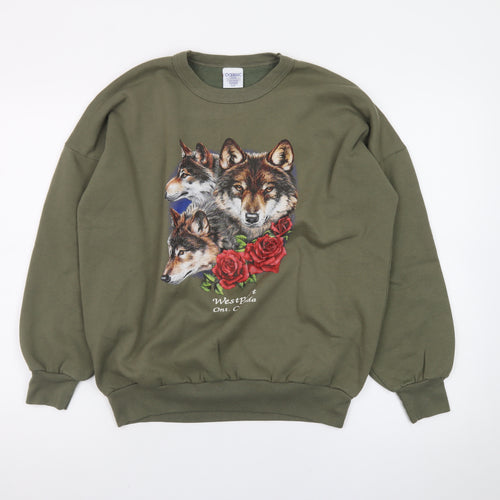 Oceanic Classic Women's Green Wolf Print Pullover Sweatshirt Size S