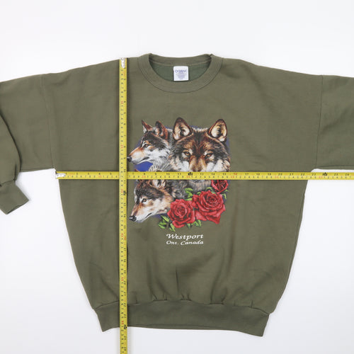 Oceanic Classic Women's Green Wolf Print Pullover Sweatshirt Size S