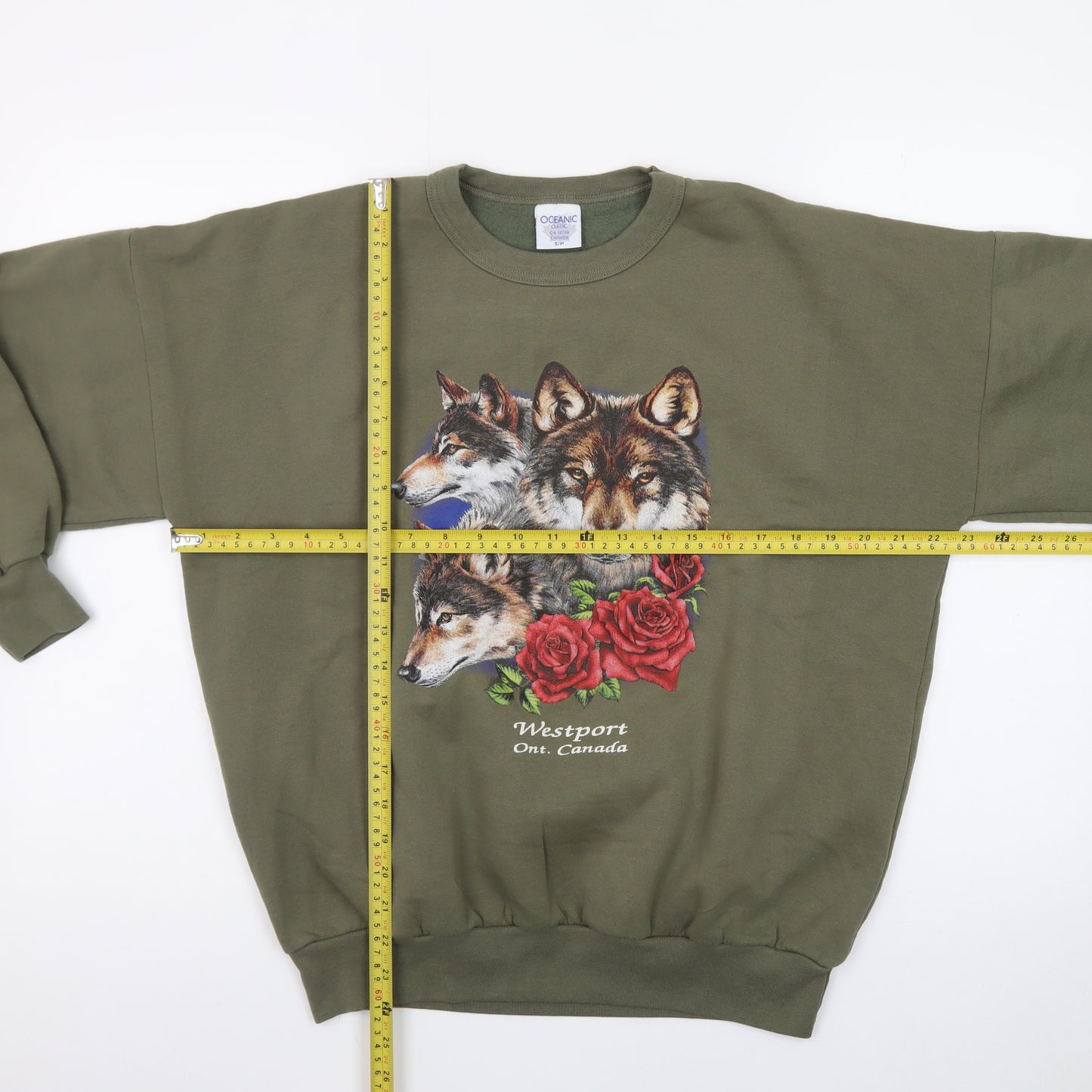 Oceanic Classic Women's Green Wolf Print Pullover Sweatshirt Size S