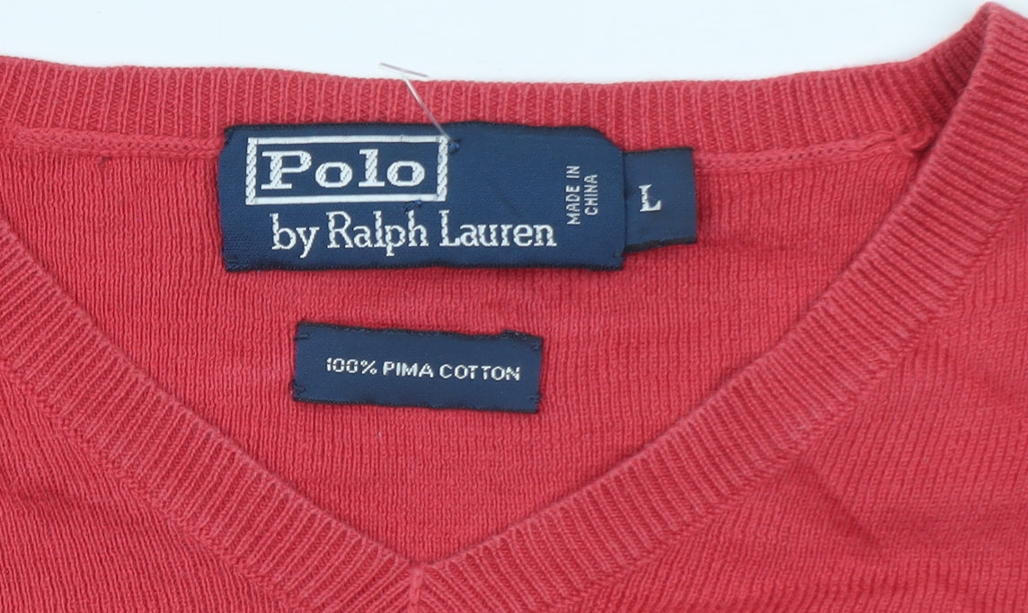 Polo Ralph Lauren Men's Red Cotton V-Neck Pullover Jumper L