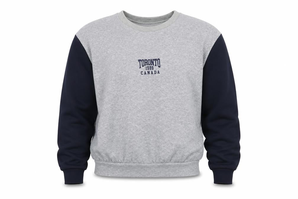 Front view of Warehouse unisex grey navy toronto 1989 pullover sweatshirt s