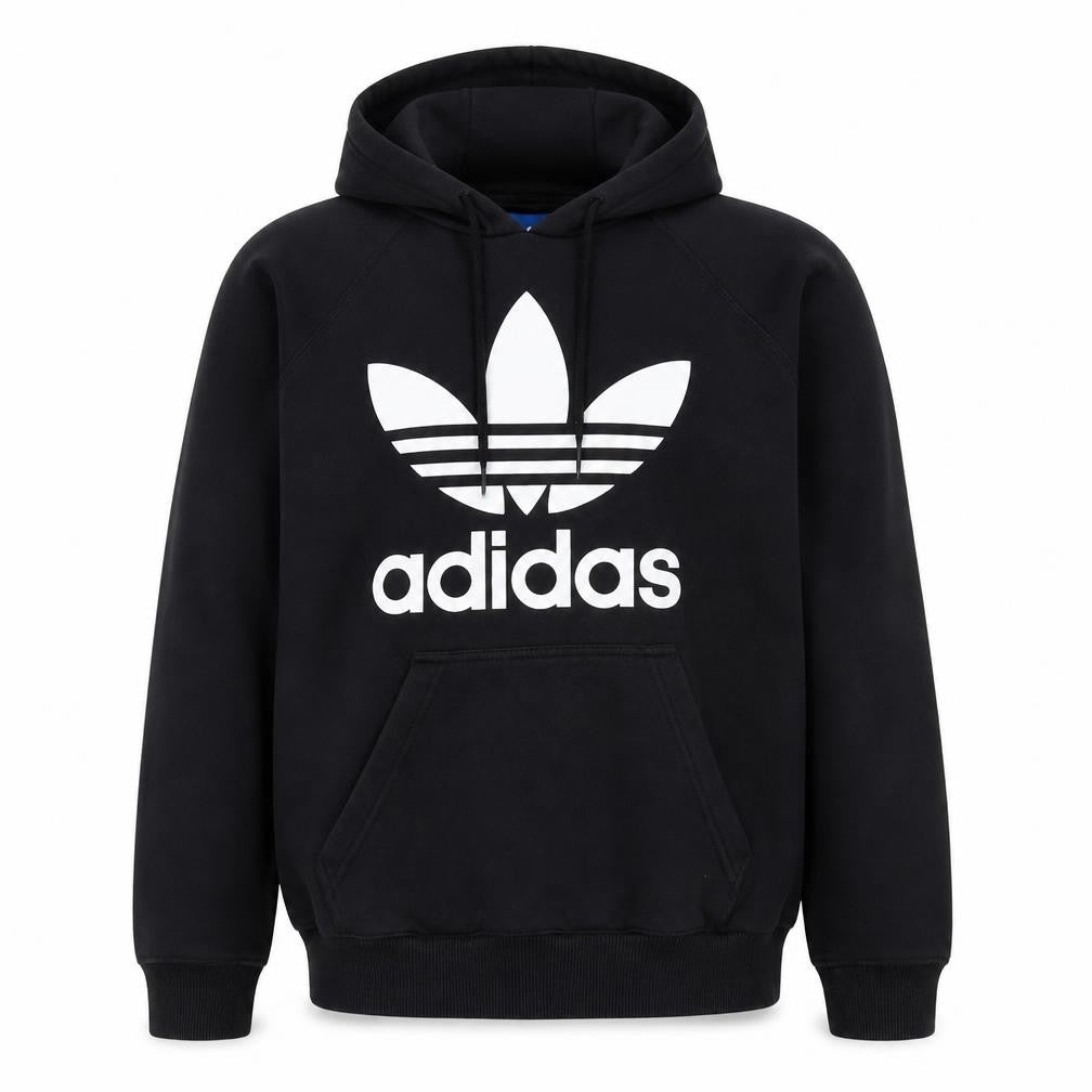 Front view of Adidas men’s black pullover hoodie small logo fleece sweatshirt