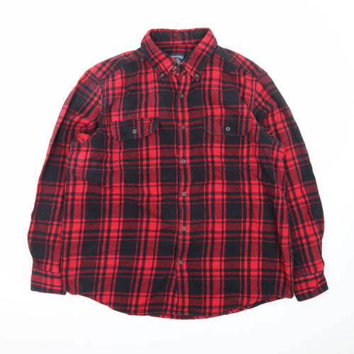 Faded Glory Men's Red Black Plaid Cotton Flannel Button-Up Shirt L