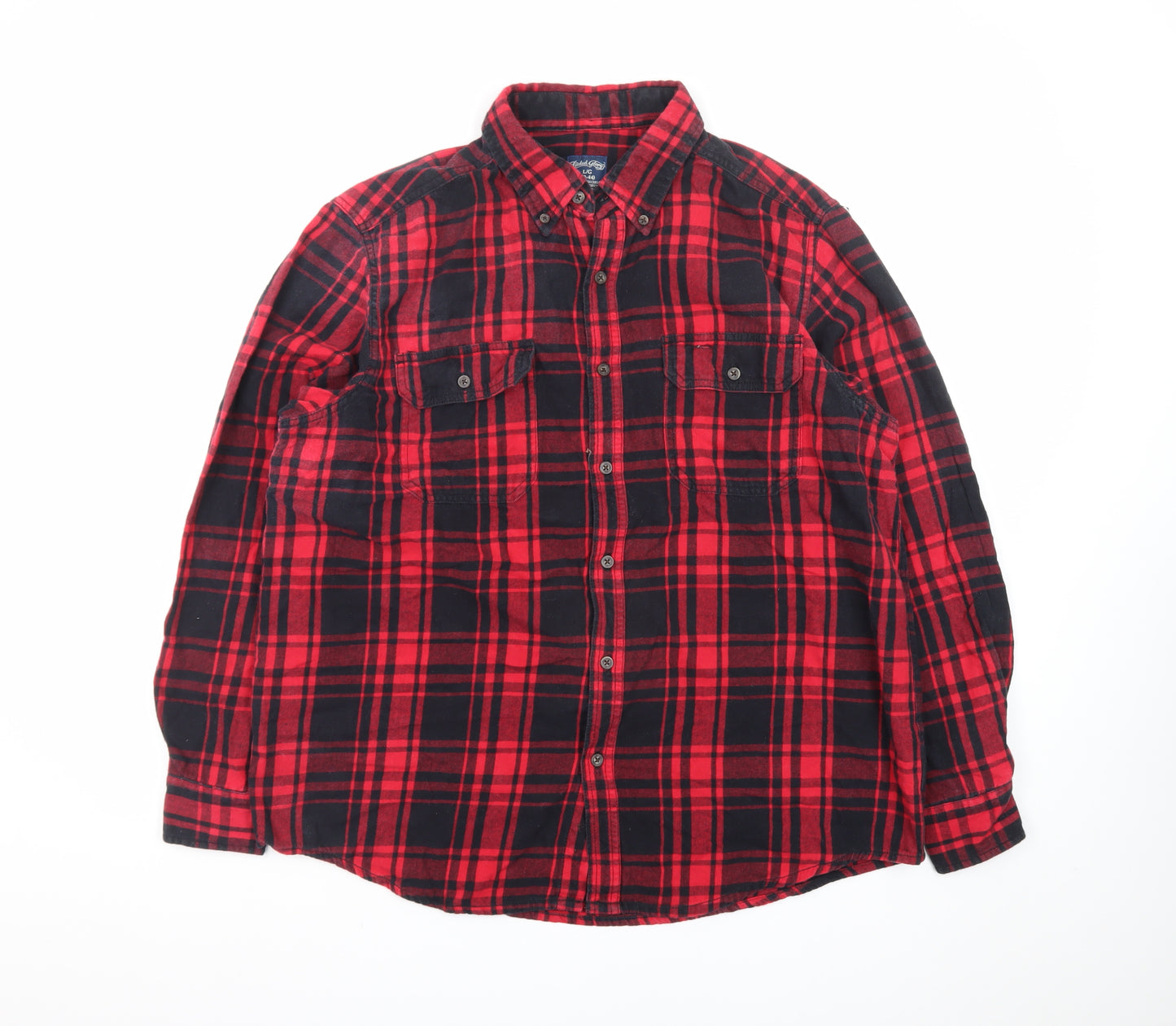 Faded Glory Men's Red Black Plaid Cotton Flannel Button-Up Shirt L