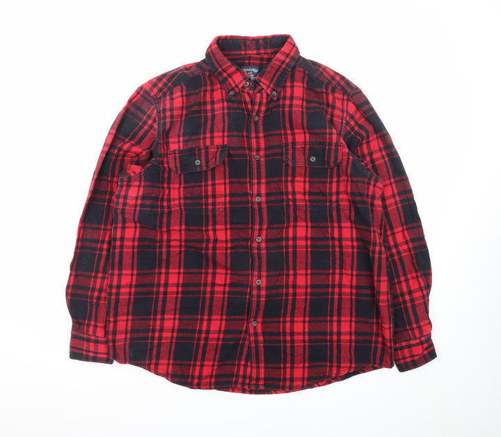 Faded Glory Men's Red Black Plaid Cotton Flannel Button-Up Shirt L