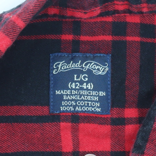 Faded Glory Men's Red Black Plaid Cotton Flannel Button-Up Shirt L