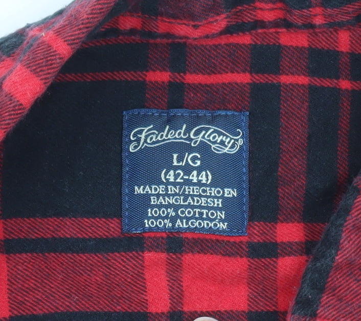 Faded Glory Men's Red Black Plaid Cotton Flannel Button-Up Shirt L