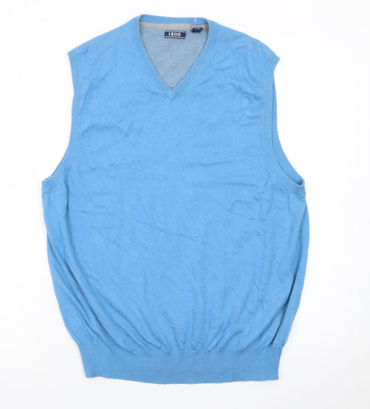 IZOD Men Blue Cotton V-Neck Sleeveless Vest L Lightweight Knit