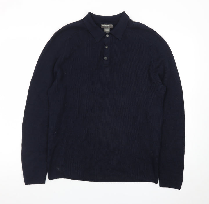 Eddie Bauer Men's Blue Cotton Collared Henley Jumper Size L