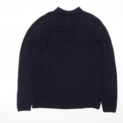 Eddie Bauer Men's Blue Cotton Collared Henley Jumper Size L
