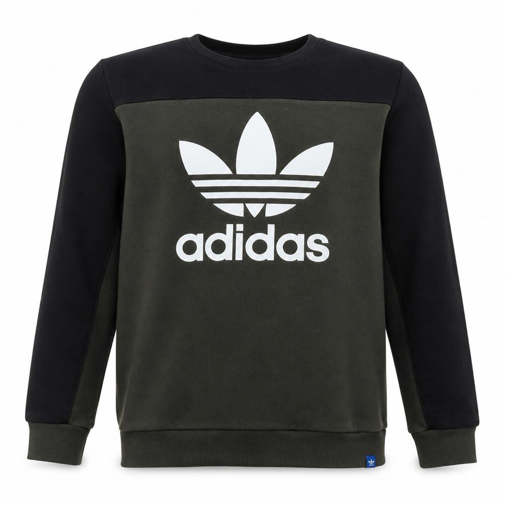 Front view of adidas men’s green large pullover logo sweatshirt crew neck