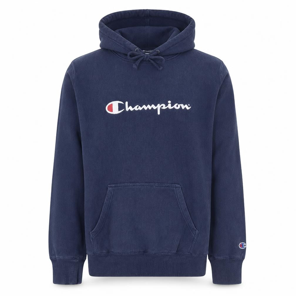 Front view of Champion Men Blue Pullover Hoodie L Logo Fleece Athletic Sweatshirt