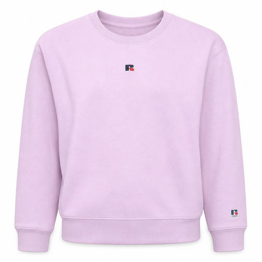 Front view of Russell Athletic Women’s Pink Crew Neck Sweatshirt, size UK 12, Cotton Blend