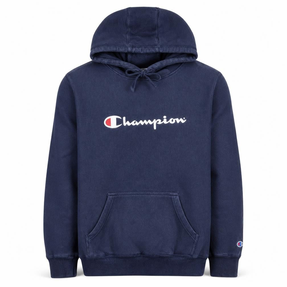 Front view of Champion Men's Blue Pullover Hoodie L Athletic Logo Fleece