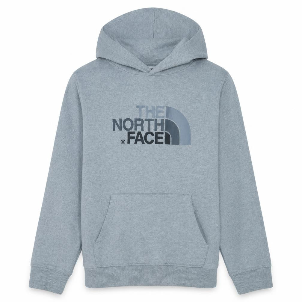 Front view of The North Face boys’ grey pullover hoodie xl cotton blend logo sweatshirt