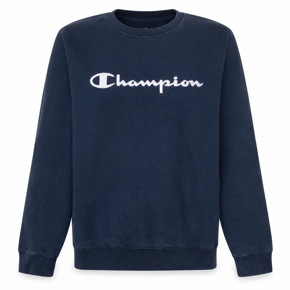 Front view of Champion Men's Blue Medium Pullover Crew Neck Logo Sweatshirt