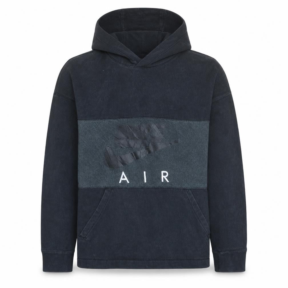 Front view of Nike men’s black medium pullover hoodie with logo detail