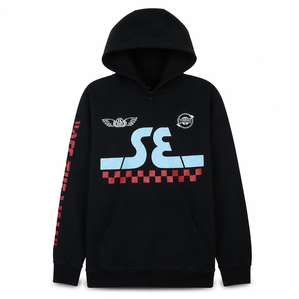 Front view of Vans Men Black Hoodie Pullover Medium SE Bikes Graphic Fleece
