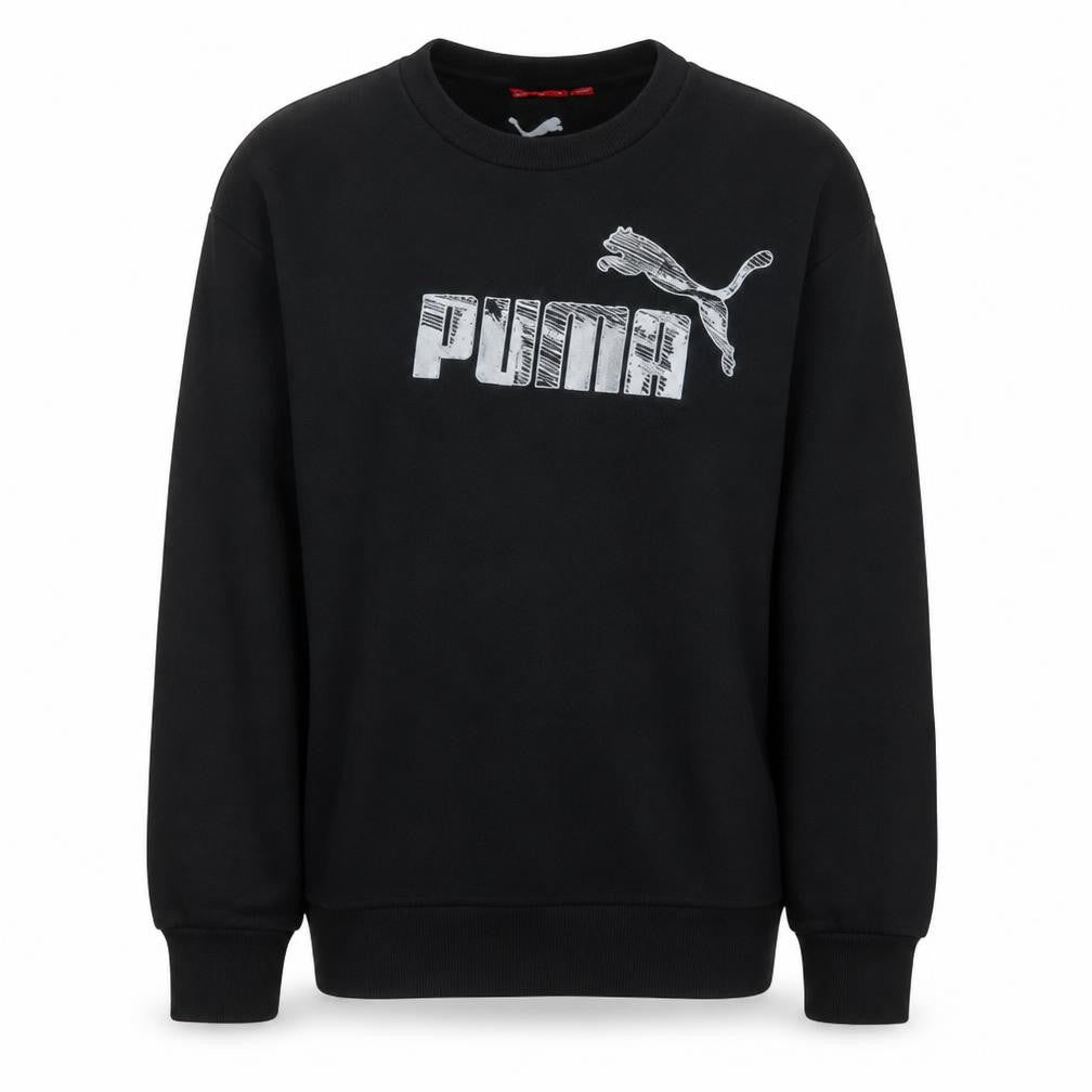 Front view of Puma men’s black l sweatshirt crew neck graphic logo pullover