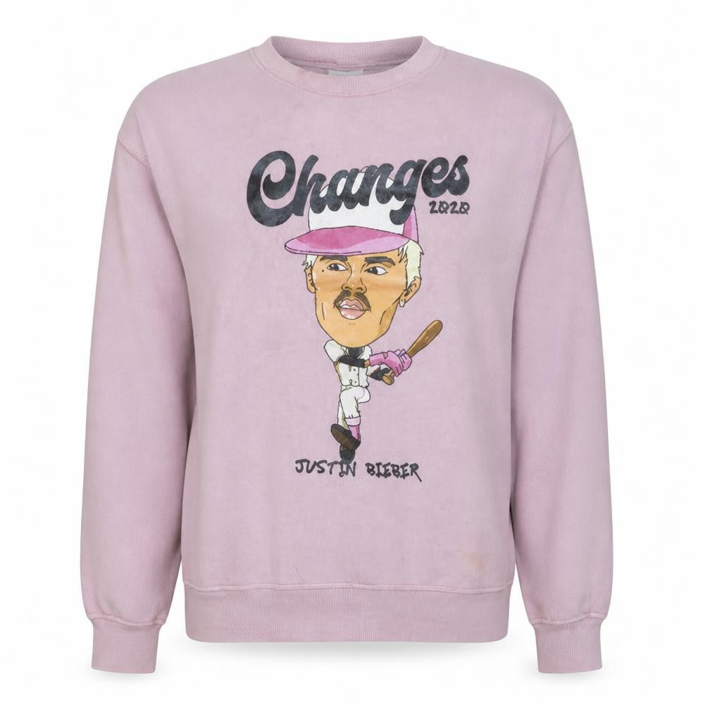 Front view of H&M Women’s Pink Justin Bieber Changes 2020 Sweatshirt, size M, Relaxed Fit
