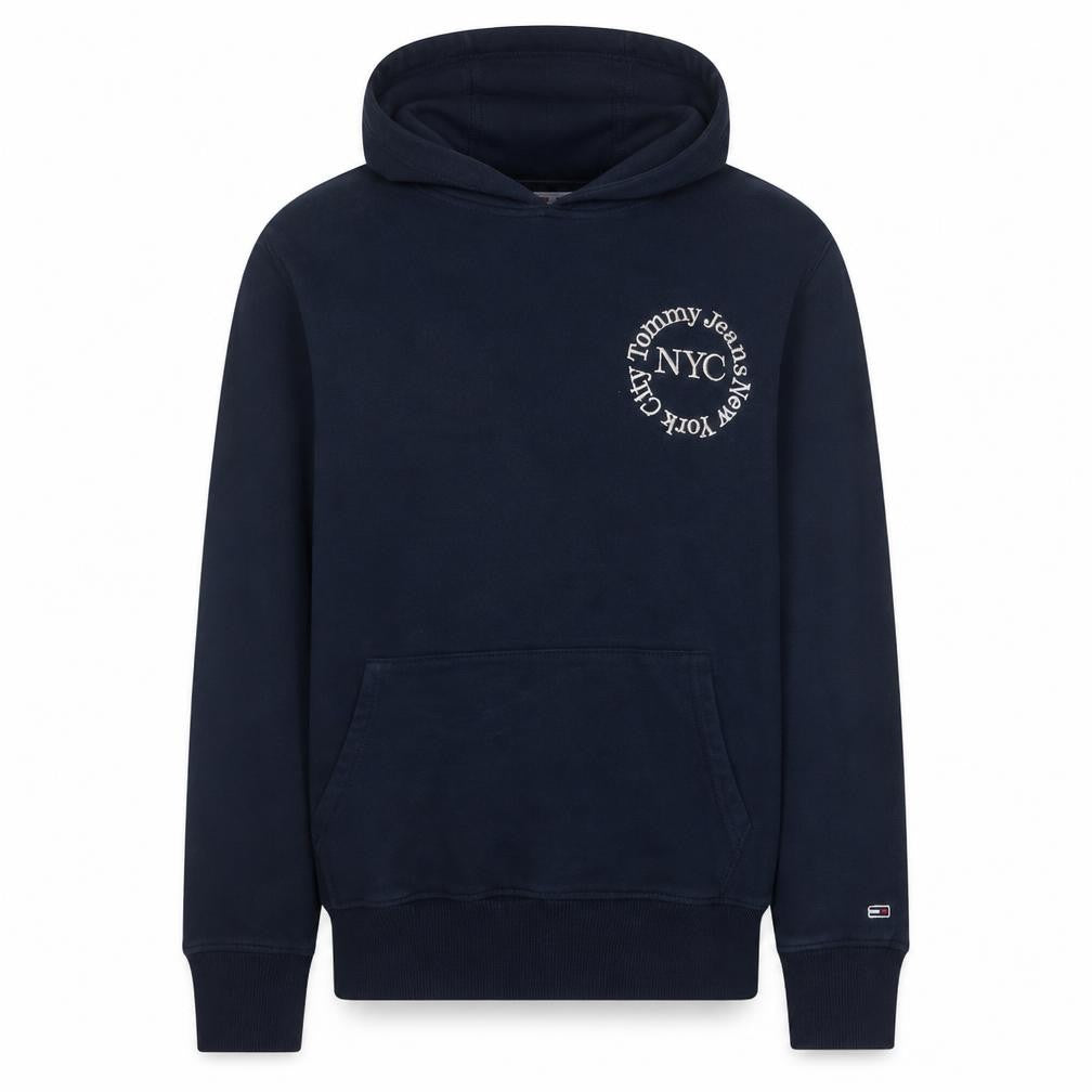 Front view of Tommy Jeans Men's Blue 2XL Pullover Hoodie NYC Logo Sweatshirt