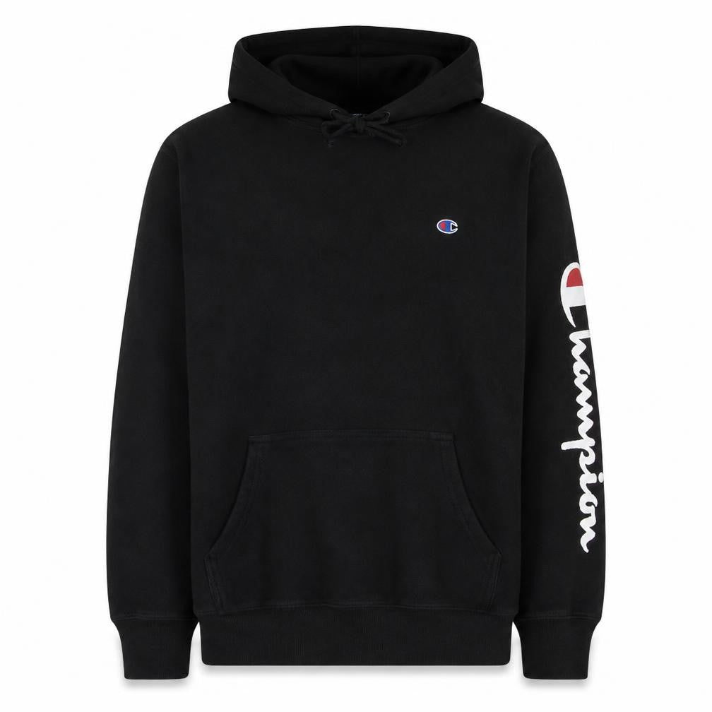 Front view of Champion Men's Black Pullover Hoodie L Logo Hooded Sweatshirt