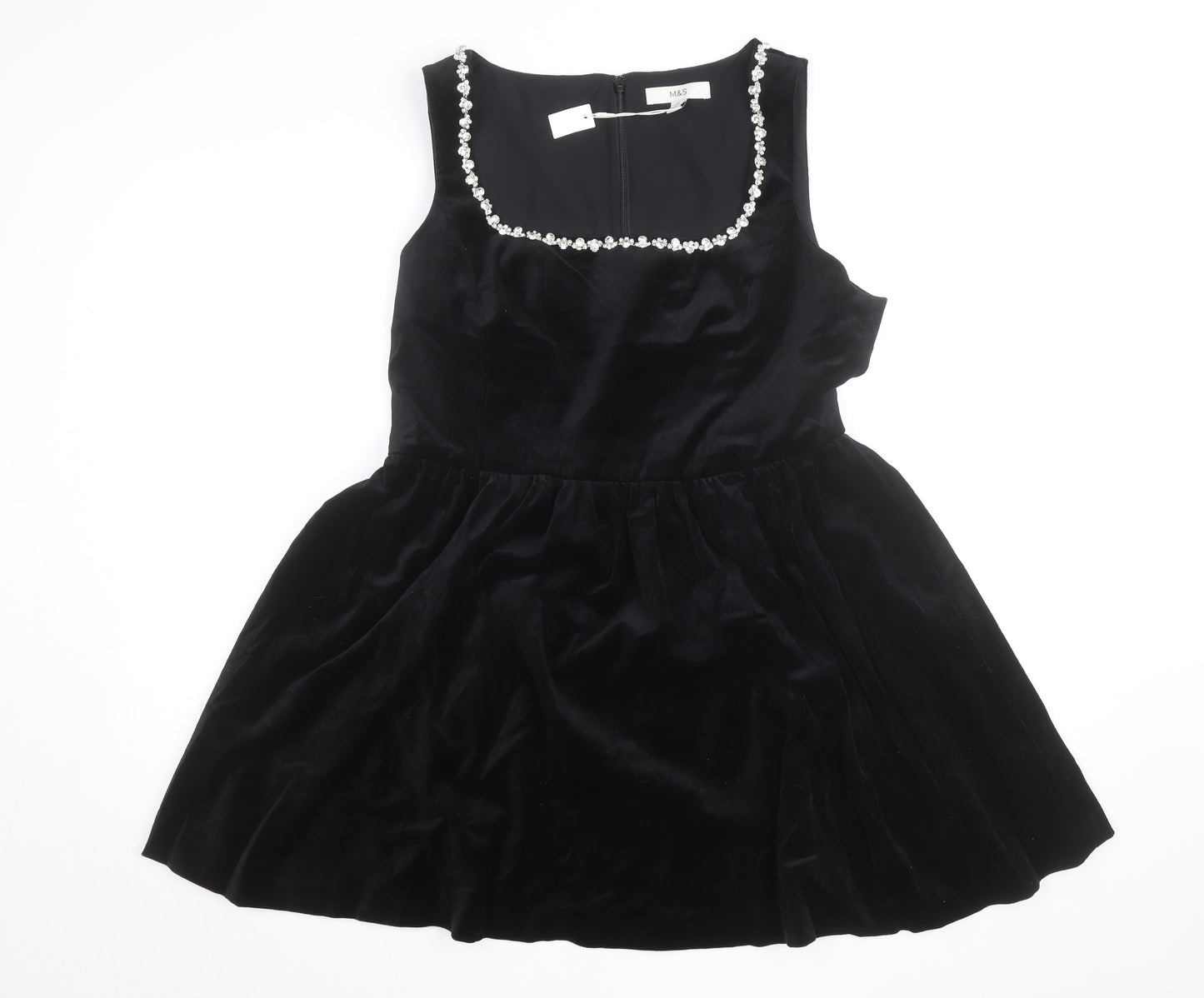 Marks and Spencer Women's Black Velvet Fit & Flare Beaded Dress Size 16