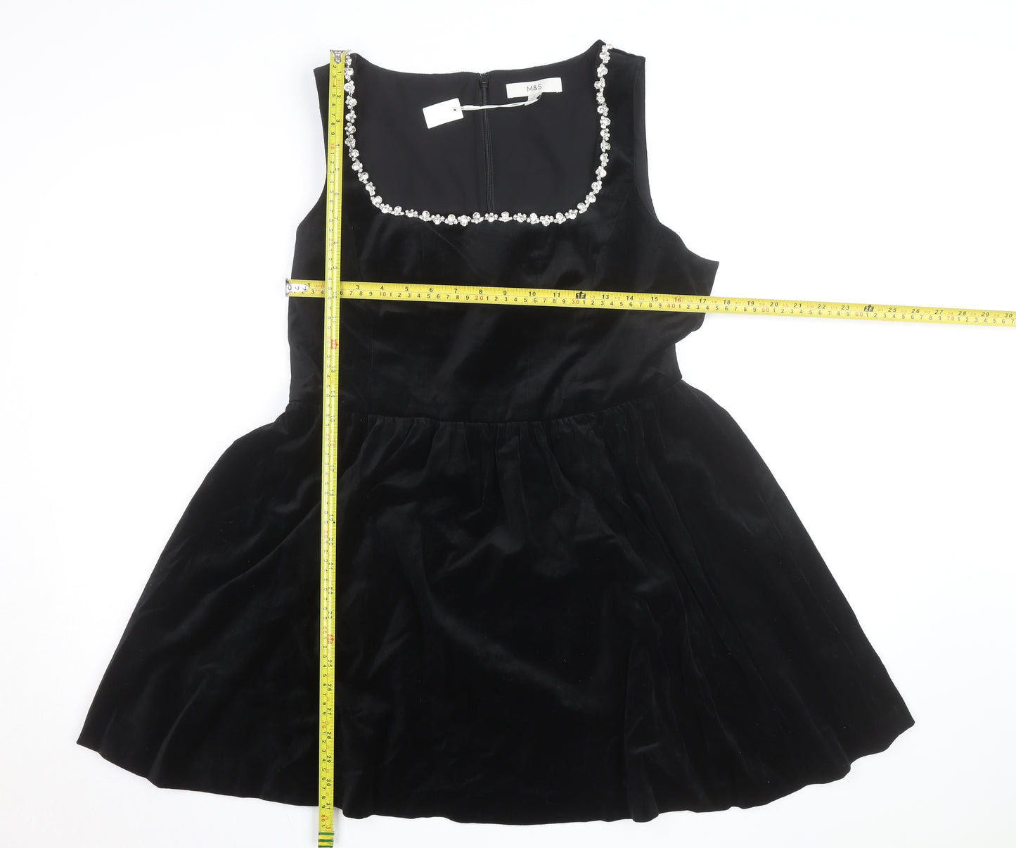 Marks and Spencer Women's Black Velvet Fit & Flare Beaded Dress Size 16