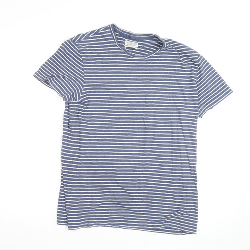 AllSaints Men's Blue Striped Cotton Crew Neck T-Shirt Size S