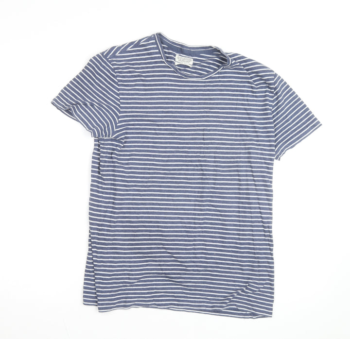 AllSaints Men's Blue Striped Cotton Crew Neck T-Shirt Size S