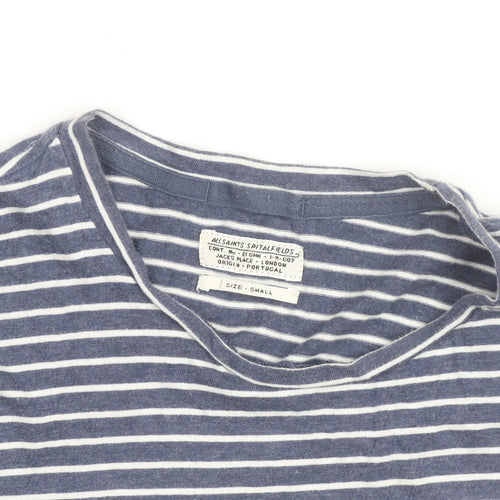 AllSaints Men's Blue Striped Cotton Crew Neck T-Shirt Size S