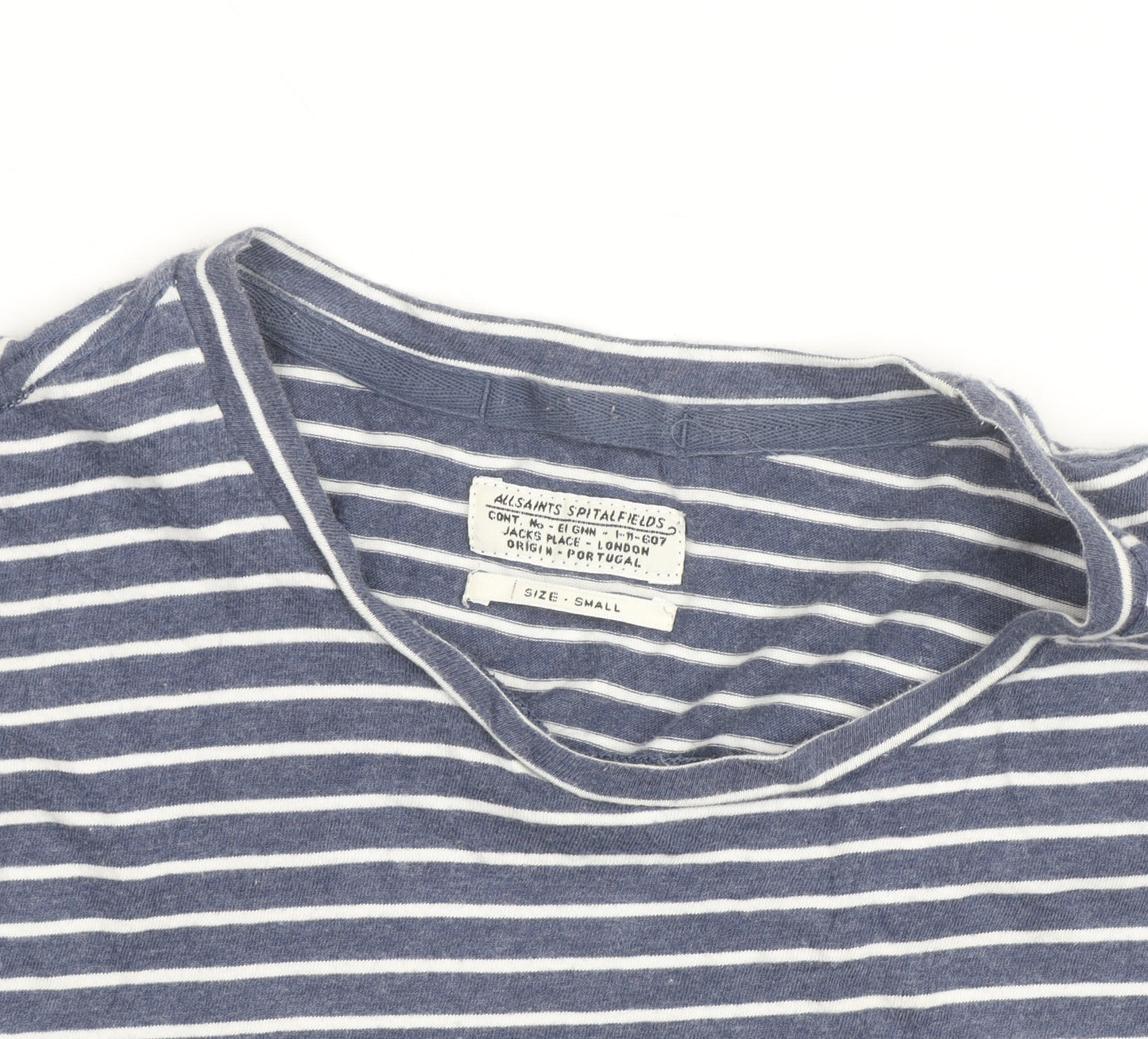 AllSaints Men's Blue Striped Cotton Crew Neck T-Shirt Size S