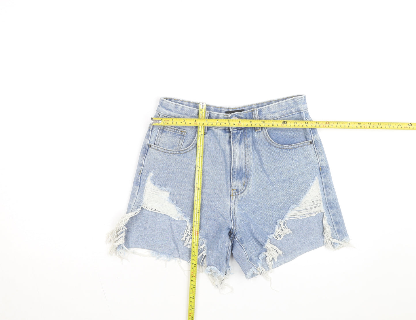 MOMOKROM Women's Blue Size 10 High Waist Distressed Denim Cut-Off Shorts