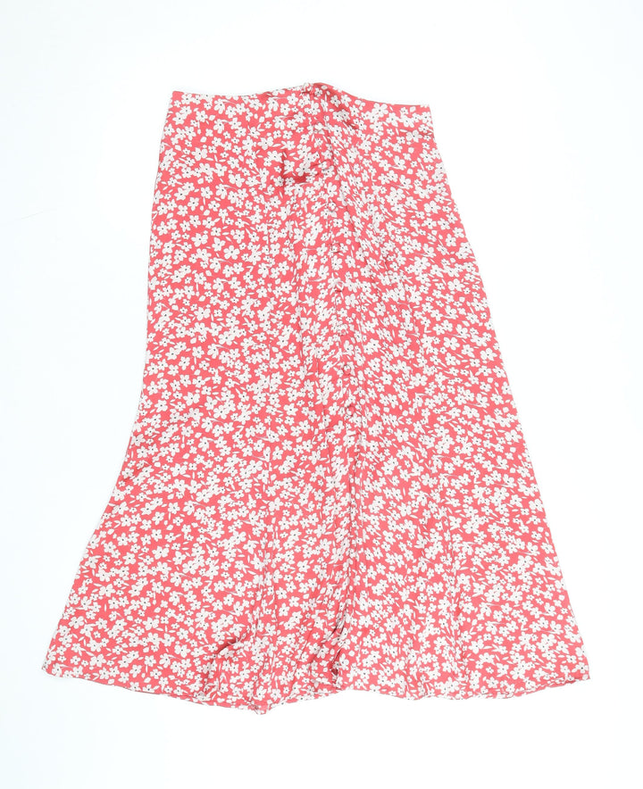 Zara Women Red Floral A-Line Midi Skirt Size S Viscose Summer