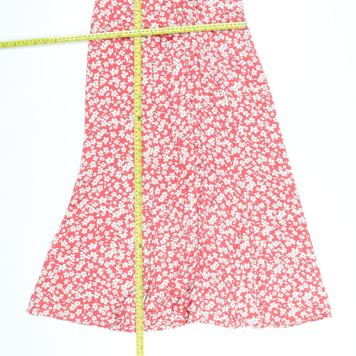 Zara Women Red Floral A-Line Midi Skirt Size S Viscose Summer