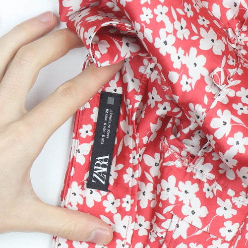 Zara Women Red Floral A-Line Midi Skirt Size S Viscose Summer