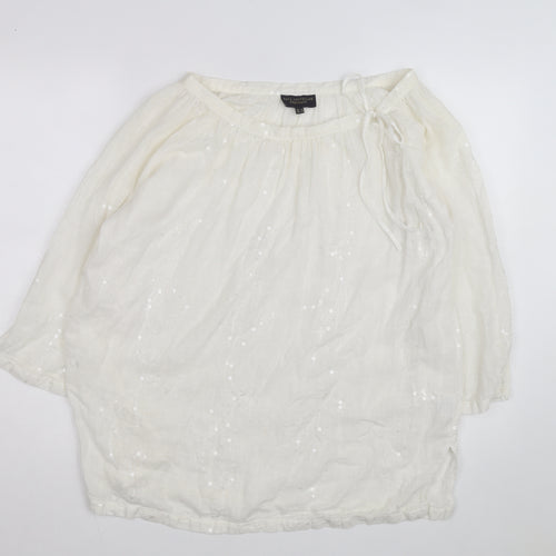 Paul Costelloe Women Ivory Linen Sequin Peasant Blouse Size 18