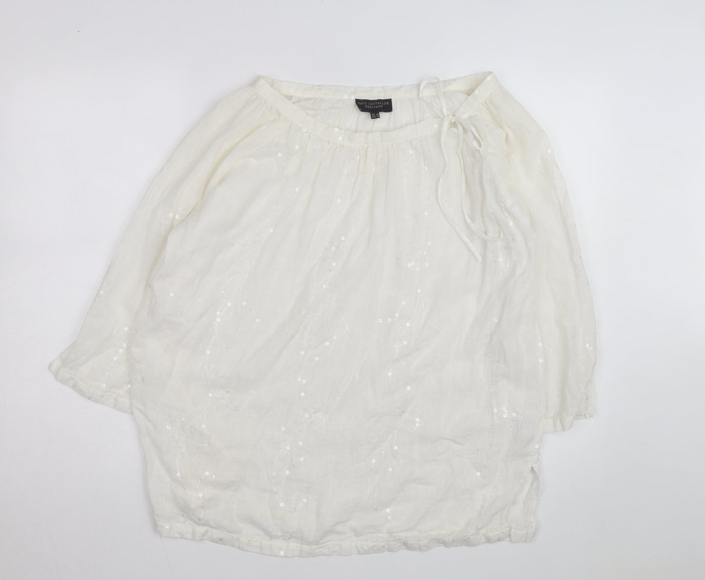Paul Costelloe Women Ivory Linen Sequin Peasant Blouse Size 18