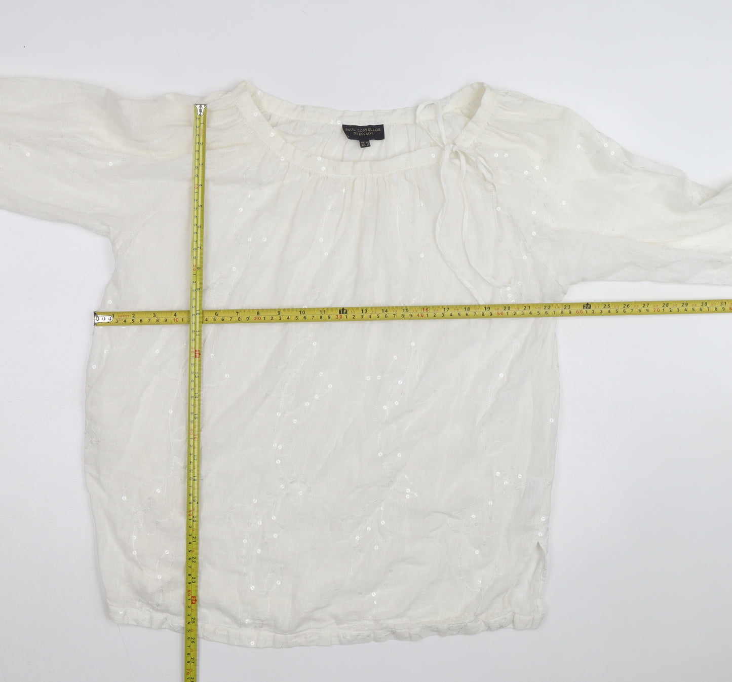 Paul Costelloe Women Ivory Linen Sequin Peasant Blouse Size 18