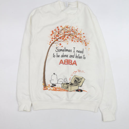 Just Hoods Women White Small Pullover Sweatshirt Snoopy ABBA Print