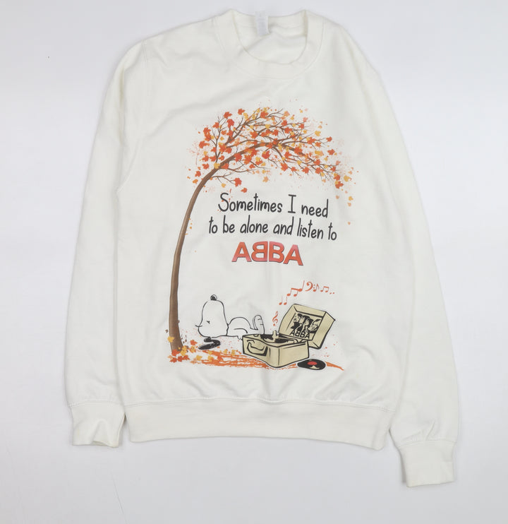 Just Hoods Women White Small Pullover Sweatshirt Snoopy ABBA Print