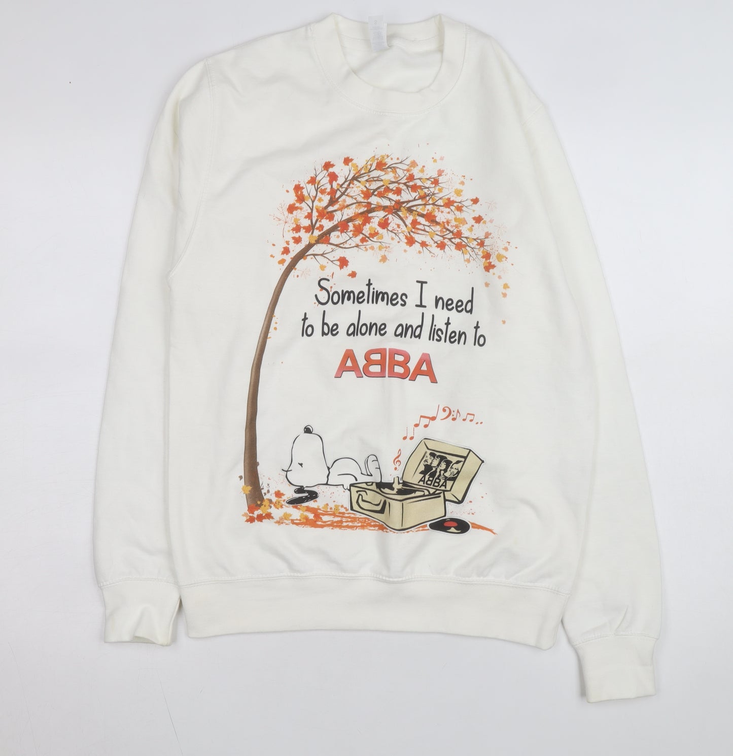 Just Hoods Women White Small Pullover Sweatshirt Snoopy ABBA Print