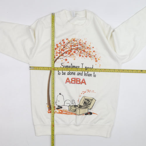 Just Hoods Women White Small Pullover Sweatshirt Snoopy ABBA Print