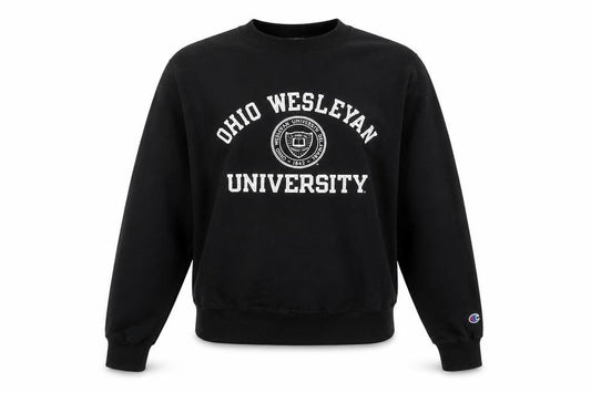 Front view of Champion women’s black ohio wesleyan university crew neck sweatshirt xs