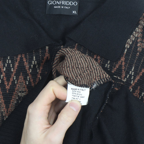 Gionfriddo Men's Black Geometric Knit Long Sleeve Button-Up XL